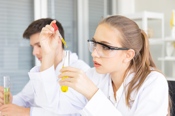 Poster - Laboratory research Team work, people, scientists analyze data, study and evaluate test tube success. Healthcare researchers doing research with chemical testing sciences