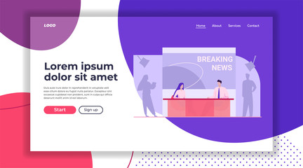 News anchors on breaking news background. Presenter, journalists, partners flat vector illustration. TV show, studio, broadcasting concept for banner, website design or landing web page