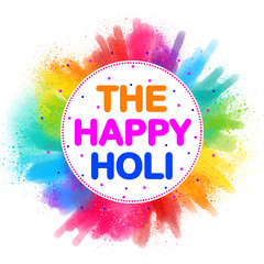 The Happy Holi Logo, banner, Icon, Design, Sticker, Concept, Greeting Card, Template, Poster, Unit, Label, Web, Mnemonic with colors splash in the background. Celebration of Indian festival of colors