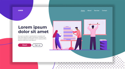 Architects working on building model. People developing blueprint and maquette flat vector illustration. Architecture, drafting, construction concept for banner, website design or landing web page
