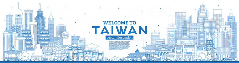 Wall Mural - Outline Welcome to Taiwan City Skyline with Blue Buildings.