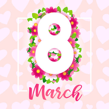 March 8, Happy Womens Day elegant congrats. Lovely pink background, cut white number, calligraphic text. Isolated abstract graphic design template. Decorative bright 3D symbol and basket of flowers.
