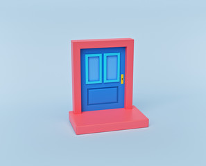Poster - cartoon style minimal closed door isolated on pastel blue background. 3d rendering