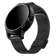 © Павел Круглов - Wireless smart watch in a round glossy black case on a metal strap with a blank screen for a logo on a white background. Three quarter view