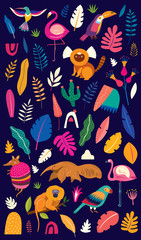 Wall Mural - Vector colorful illustration with tropical flowers, leaves, monkey, flamingo and birds. Brazil tropical pattern. Rio de janeiro pattern,.