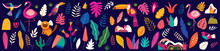 Animals Big Collection. Animals Of Brazil. Vector Colorful Set Of  Illustrations With Tropical Flowers, Leaves, Monkey, Flamingo, And Birds. Brazil Tropical Pattern.  Rio De Janeiro Pattern,.