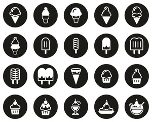 Canvas Print - Ice Cream Icons White On Black Flat Design Circle Set Big