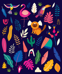 Wall Mural - Vector colorful pattern with tropical flowers, leaves, monkey, flamingo and birds. Brazil tropical pattern. Rio de janeiro pattern,.
