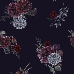 Beautiful vector seamless pattern with watercolor dark blue, red and black dahlia hydrangea flowers. Stock illustration.