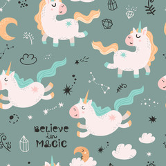 Wall Mural - Seamless pattern with magic unicorns.