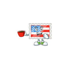 Sticker - Cool independence day stamp cartoon character with a cup of coffee