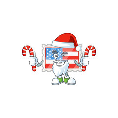 Sticker - cartoon mascot style of independence day stamp in Santa costume with candy