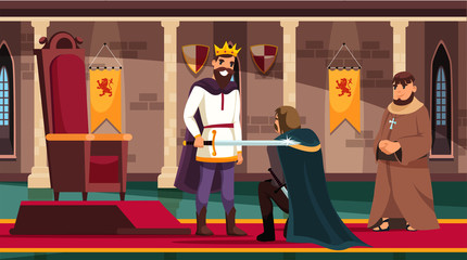 Official knighting ceremony in medieval castle