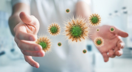 Poster - Man analyzing bacteria on microscopic close-up 3D rendering