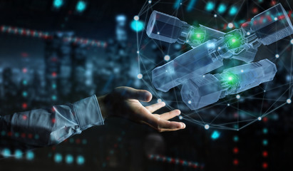 Poster - Man hand holding and touching green renewable energy battery 3D rendering