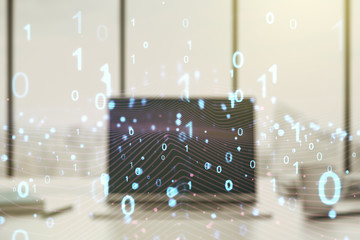 Aufkleber - Creative concept of binary code illustration on modern laptop background. Big data and coding concept. Multiexposure