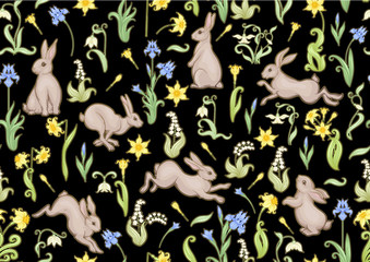Naklejka na meble Seamless pattern, ackground with spring flowers and rabbits, hares. Colored vector illustration.