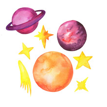 Set Of Bright Planets Or Asteroids, Yellow Stars And Comet Isolated On White Background. Hand Drawn Watercolor Illustration.