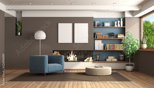 Modern living room with fireplace Poster Mural XXL