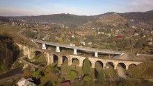 Aerial View Of An Old Ruined Train Bridge In Town Of Vorokhta In Carpathian Mountains, Ukraine.
