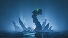 Huge Medieval Snake With Glowing Green Eyes Floating On Water With Sharp Rocks In Night Scene In Blue Tones. Mythical Creature. 3d Illustration In Low-poly Style Of The Game Location Of The Final Boss