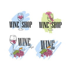 Wall Mural - Vector set of hand drawn logos or emblems with glass, grapes and lettering for wine shops, typographic, bottles, etc.