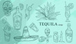 Vector Mexican set of objects associated with this country: tequila bottles, shots, agave, sombrero, cocktails, maracas in engraving style on blue background.