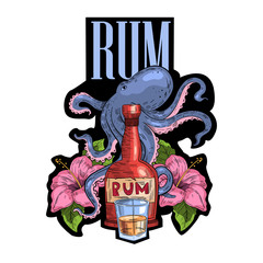 Wall Mural - Vector hand drawn concept for rum bottle label with octopus, tropical flowers and glass. Colorful sticker in engraving vintage style for tattoo, sticker, etc.