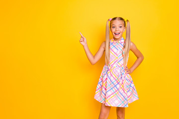 Canvas Print - Photo of funny cheerful little lady good mood pretty long tails direct finger empty space show novelty wear checkered plaid summer dress isolated yellow bright color background