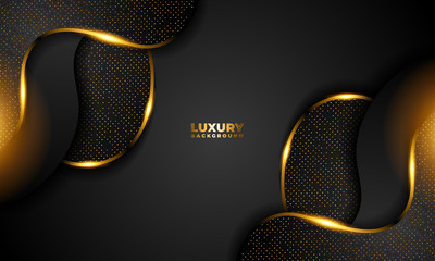 Wall Mural - Dynamic Luxurious Geometric Dark Grey Background Abtract Elegant with Gold Line 3d. Combination of Luminous Dots. Modern Design for Mockup Logo Hotel. eps 10 editable vector