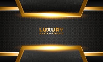 Wall Mural - Dynamic Luxurious Geometric Dark Grey Background Abtract Elegant with Gold Line 3d. Combination of Luminous Dots. Modern Design for Mockup Logo Hotel. eps 10 editable vector