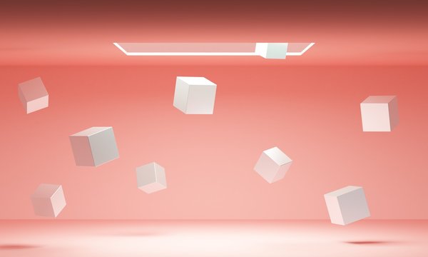 Pink abstract background with white cubes from the window. 3d rendering