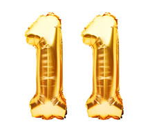Number 11 Eleven Made Of Golden Inflatable Balloons Isolated On White. Helium Balloons, Gold Foil Numbers. Party Decoration, Anniversary Sign For Holidays, Celebration, Birthday, Carnival