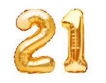 Number 21 Twenty One Made Of Golden Inflatable Balloons Isolated On White. Helium Balloons, Gold Foil Numbers. Party Decoration, Anniversary Sign For Holidays, Celebration, Birthday, Carnival