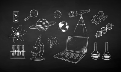 Wall Mural - chalk drawn illustration set of science objects