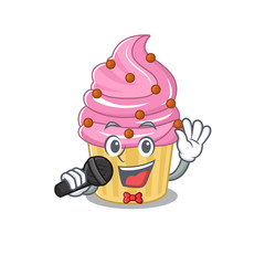 Sticker - Happy strawberry cupcake singing on a microphone