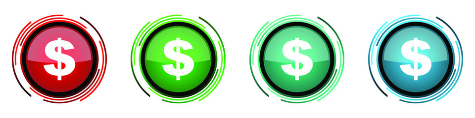 Aufkleber - Dollar round glossy vector icons, set of buttons for webdesign, internet and mobile phone applications in four colors options isolated on white background