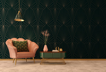 art deco interior in classic style with pink armchair and lamp.3d rendering.