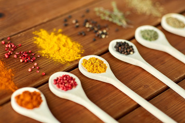 Wall Mural - food, culinary and unhealthy eating concept - spoons with different spices on wooden table