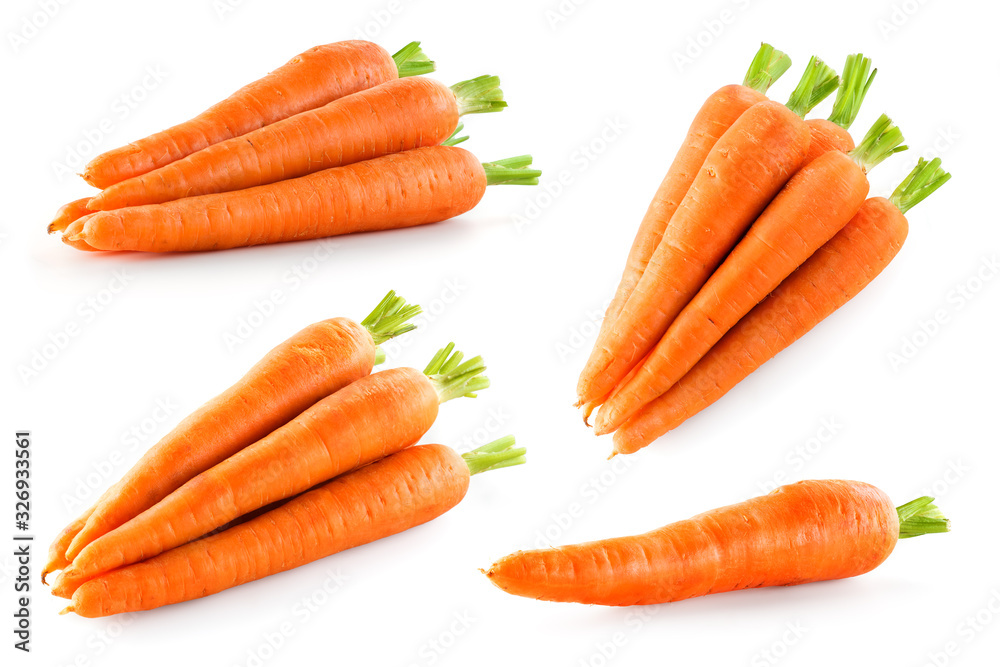 Carrot isolate. Carrots on white background. Carrot top view, side view. - obrazy, fototapety, plakaty 