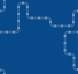industrial seamless pattern. white piping on Blue background. pipes for water, gas, oil. Pattern in line art style.
