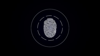 Poster - Abstract white fingerprint scan surrounded by spreading circles on black background. Animation. Personal identification and security system concept.