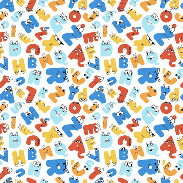 Colorful polish alphabet letters seamless pattern with cute hand drawn characters faces on white background. Stock vector illustration for print on textile, decorative paper,  gift wrap, book cover