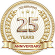 25 years anniversary vector golden design background for celebration, congratulation and birthday card, logo