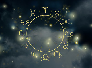 Illustration of night sky with stars and zodiac wheel