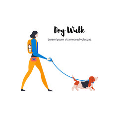 Wall Mural - Сartoon style icons of basset hound and personal dog-walker with text. Cute girl and pet outdoors.