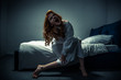 demonic creepy girl in nightgown shouting in bedroom