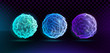 Set of corrupted spheres. Collection of globe grids with a broken structure. Kit of 3d objects consist of glowing neon lines on a transparent background. Vector. Eps10