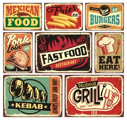 Wall Mural - Collection of retro food restaurant signs and posters. Mexican food, burgers, French fries, kebab, fast food, grill, pork loins and eat here vintage vector billboards set.