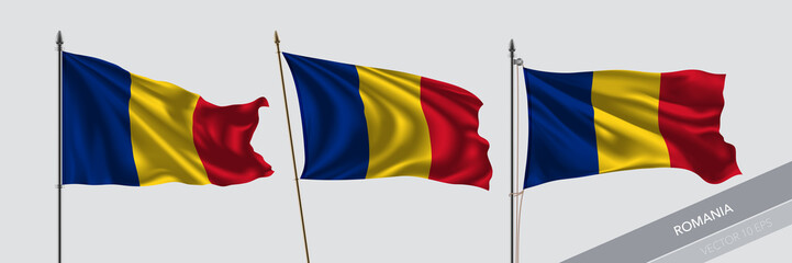 Set of Romania waving flag on isolated background vector illustration